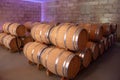 Bordeaux , France - June 6 , 2017 : Wines fermenting in traditional large oak barrels in the wine cellar